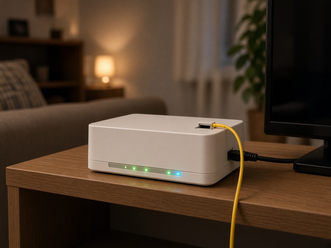 Equipo ONT blanco con fibra óptica junto al televisor