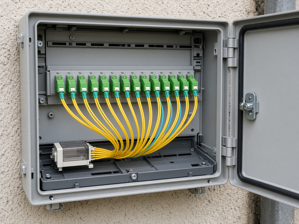 Caja de distribución GPON con conectores verdes y splitter